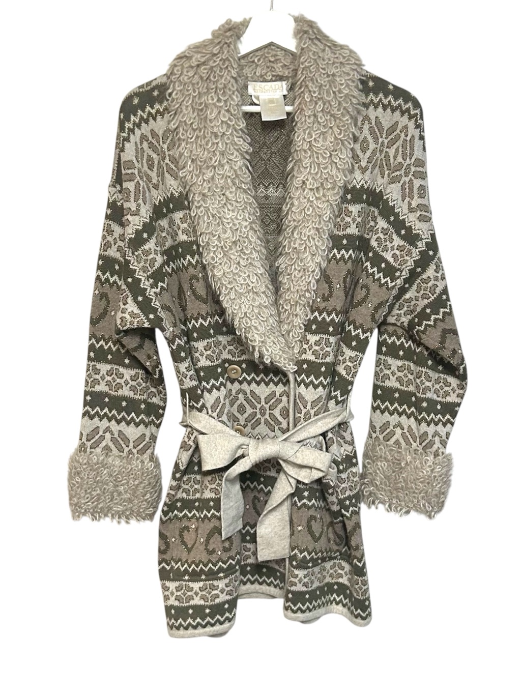 Vintage Escada 38 Margaretha Ley Wool Knit Cardigan Tie Waist Button Angora Trim